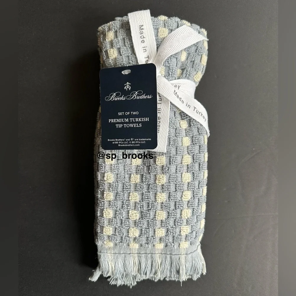 🎁2PC Brooks Brothers Premium Turkish Cotton Tip Towel Set -Waffle Blue & Ivory